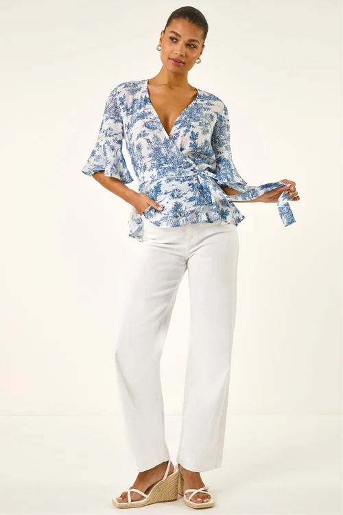 Roman Blue Floral Frill Wrap Top - 12 Image 1