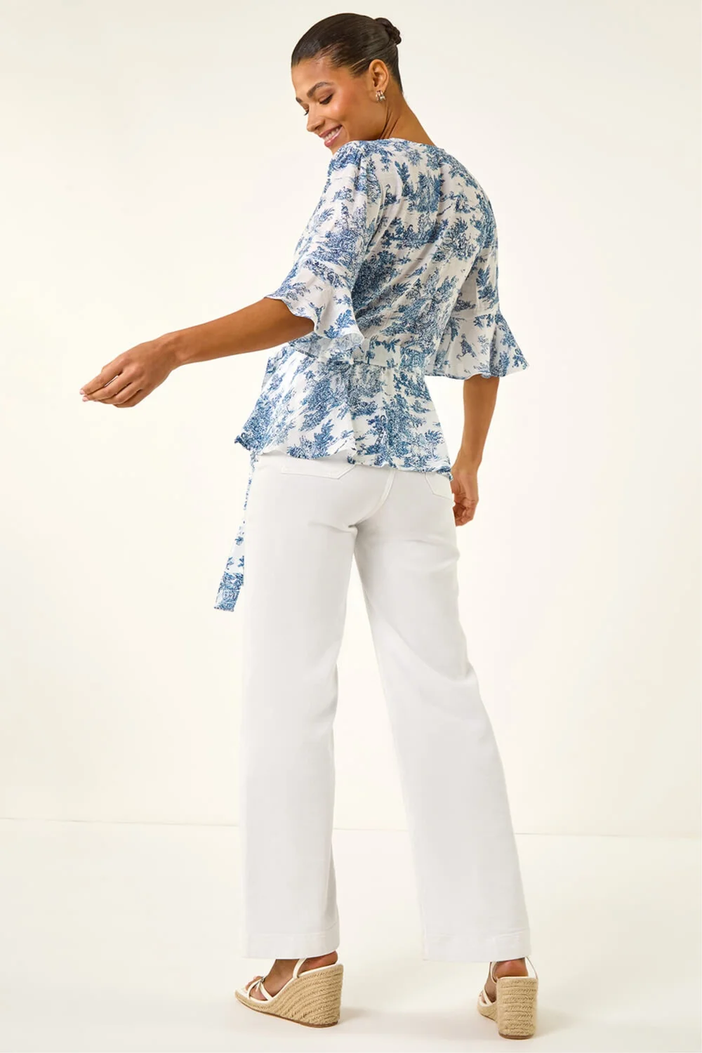 Roman Blue Floral Frill Wrap Top - 12 Image 3