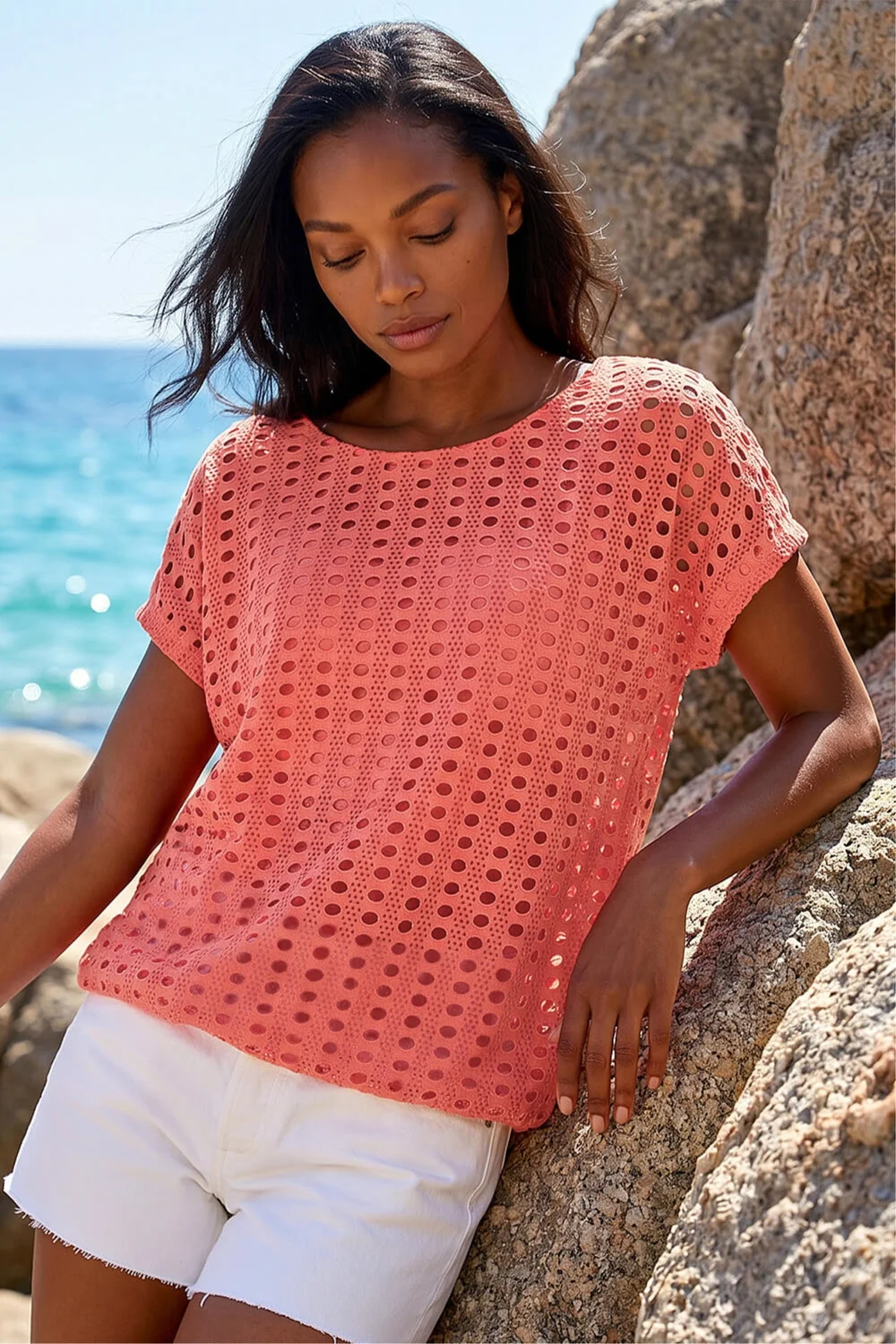 Roman Coral Cut Out Detail Stretch Top - 16 Image 1
