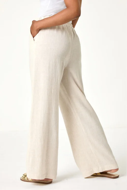 Roman Natural Petite Linen Mix Wide Leg Trouser - 10 Image 3