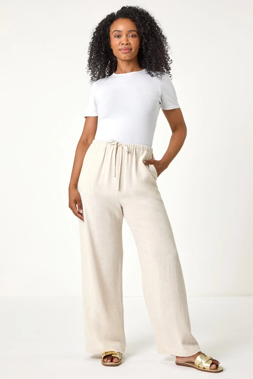 Roman Natural Petite Linen Mix Wide Leg Trouser - 10 Image 2