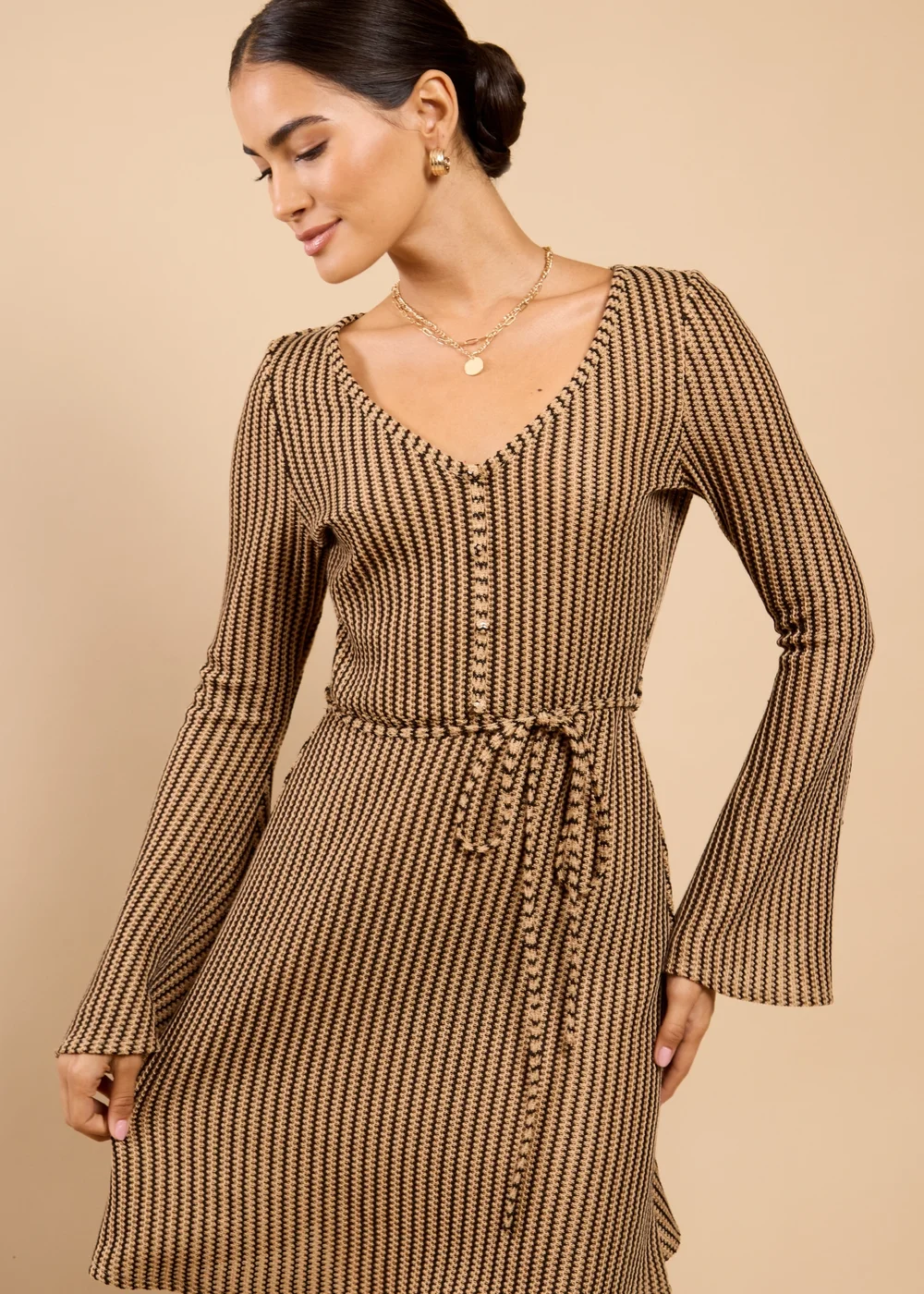 Little Mistress Brown Stripe Knit Mini Dress - 18 Image 4