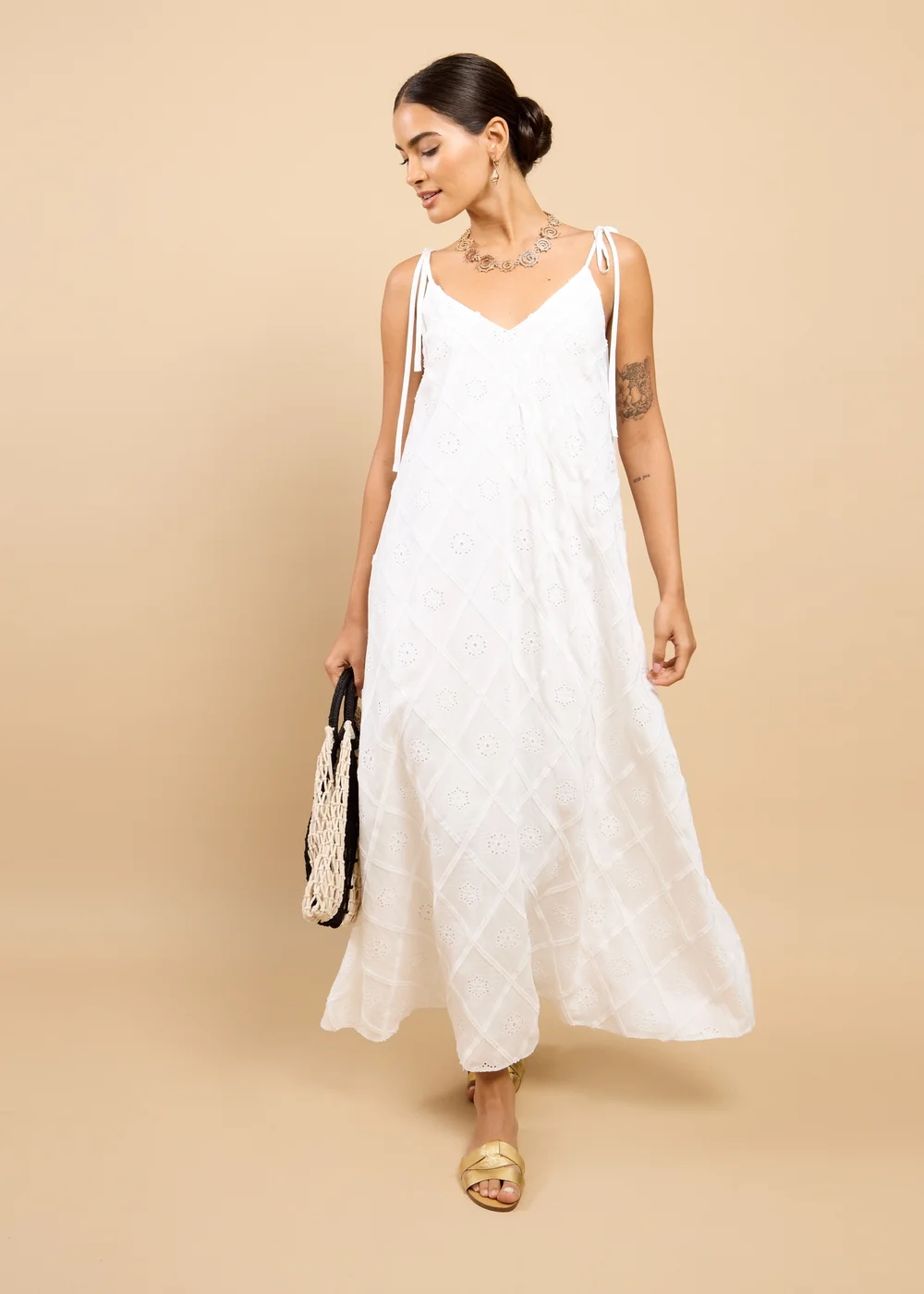Little Mistress White Embroidered Tie Strap Maxi Dress - 14 Little Mistress White Embroidered Tie Strap Maxi Dress - 14