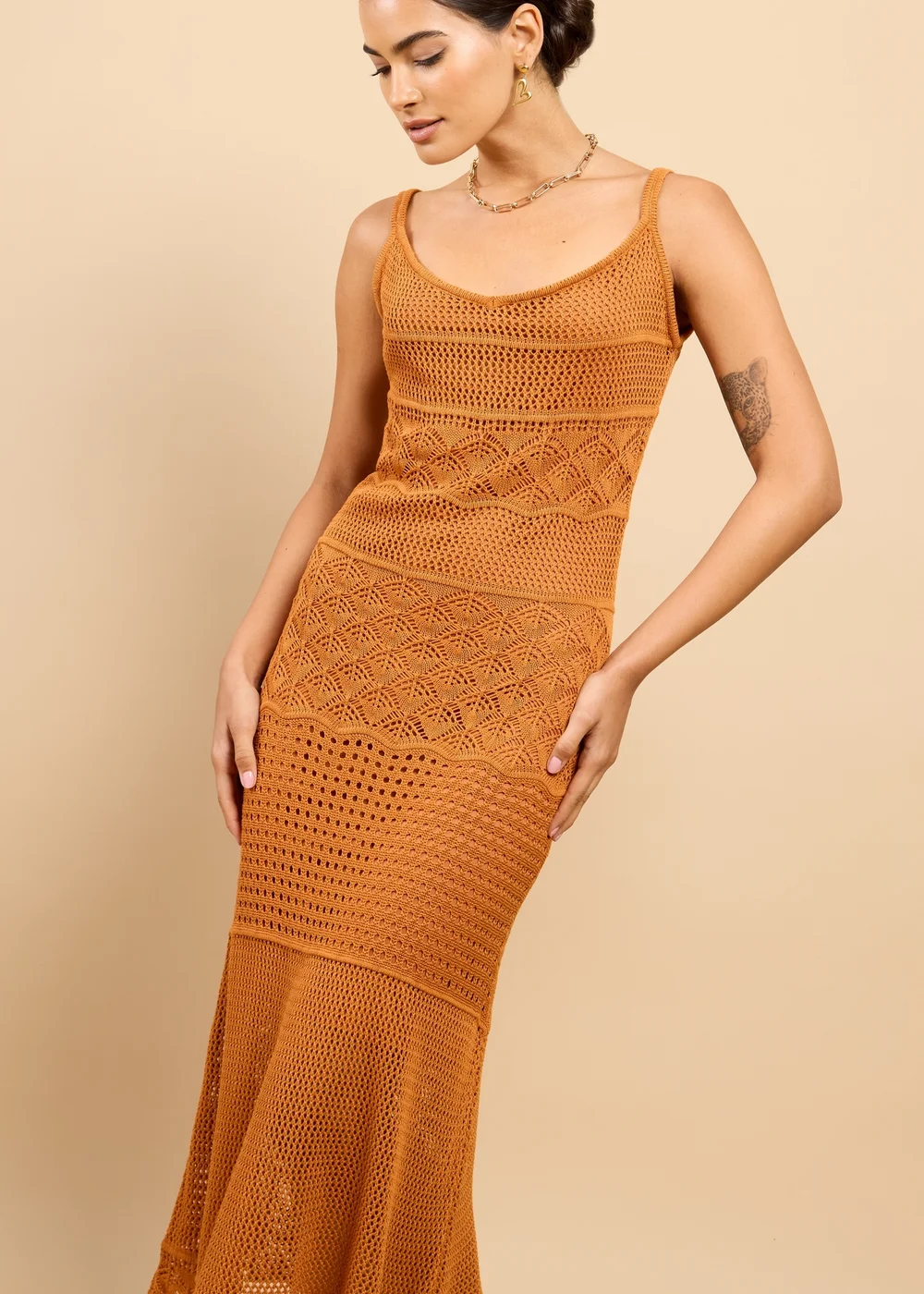 Little Mistress Brown Crochet Midaxi Dress - M Image 4