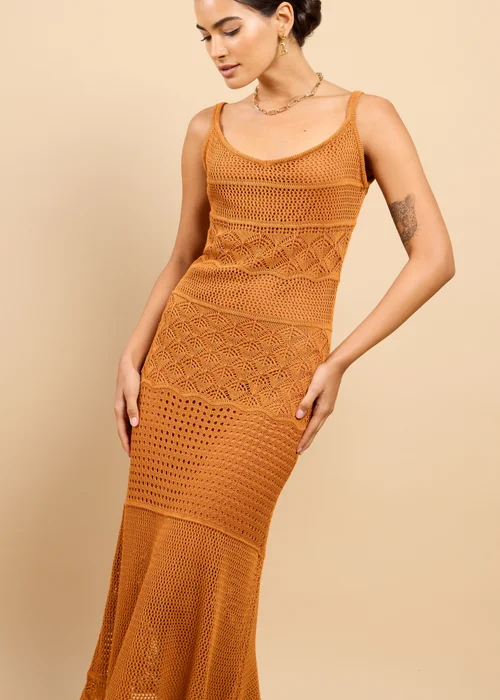 Little Mistress Brown Crochet Midaxi Dress - M Image 4