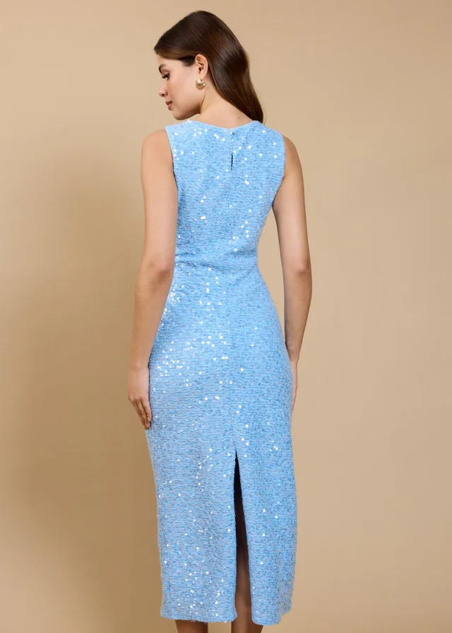 Little Mistress Pale Blue Sequin Waffle Midaxi Dress