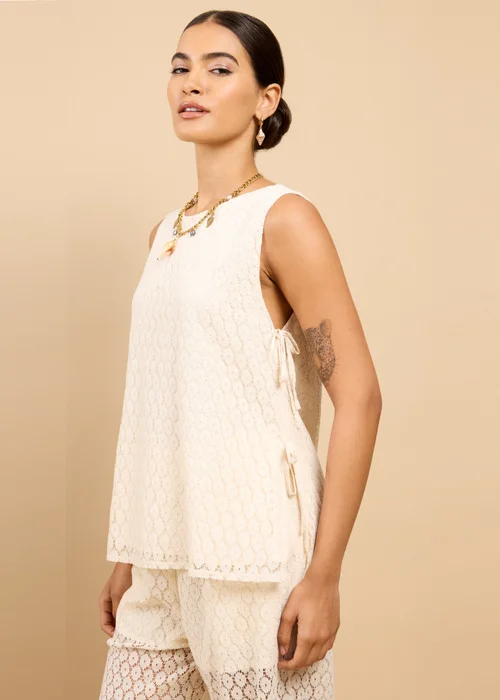 Little Mistress Cream Lace Bow Detail Top - S Image 1
