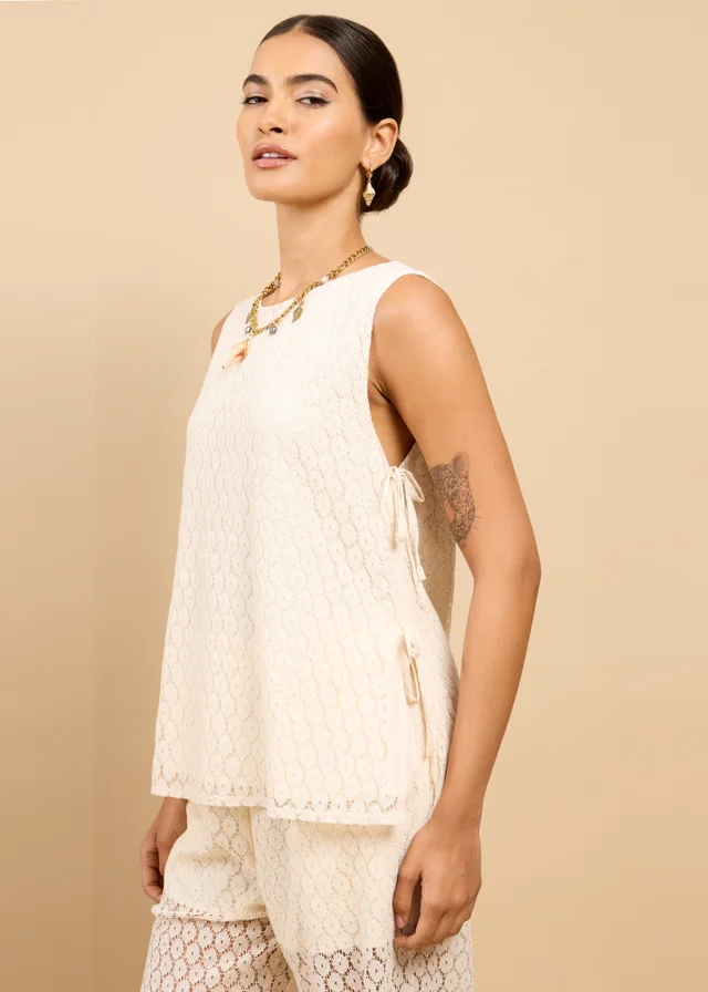 Little Mistress Cream Lace Bow Detail Top