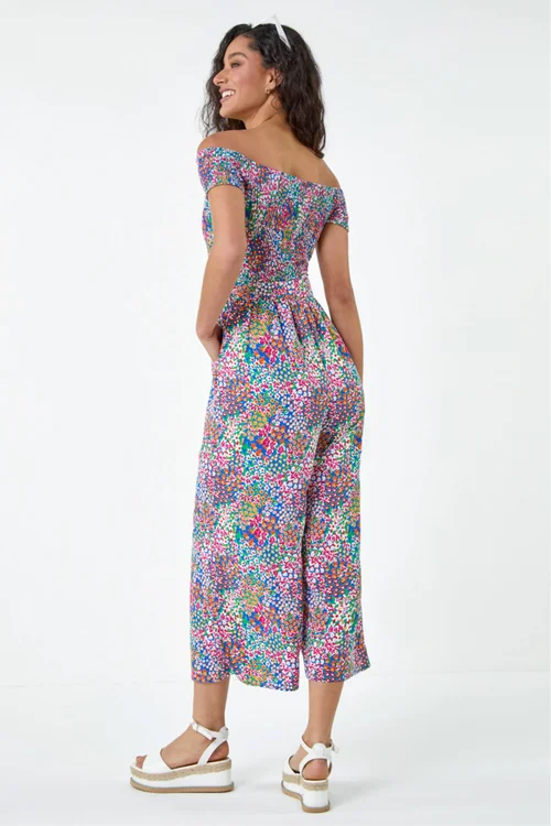 Dusk Blue Floral Shirred Stretch Bardot Jumpsuit - 12 Image 3