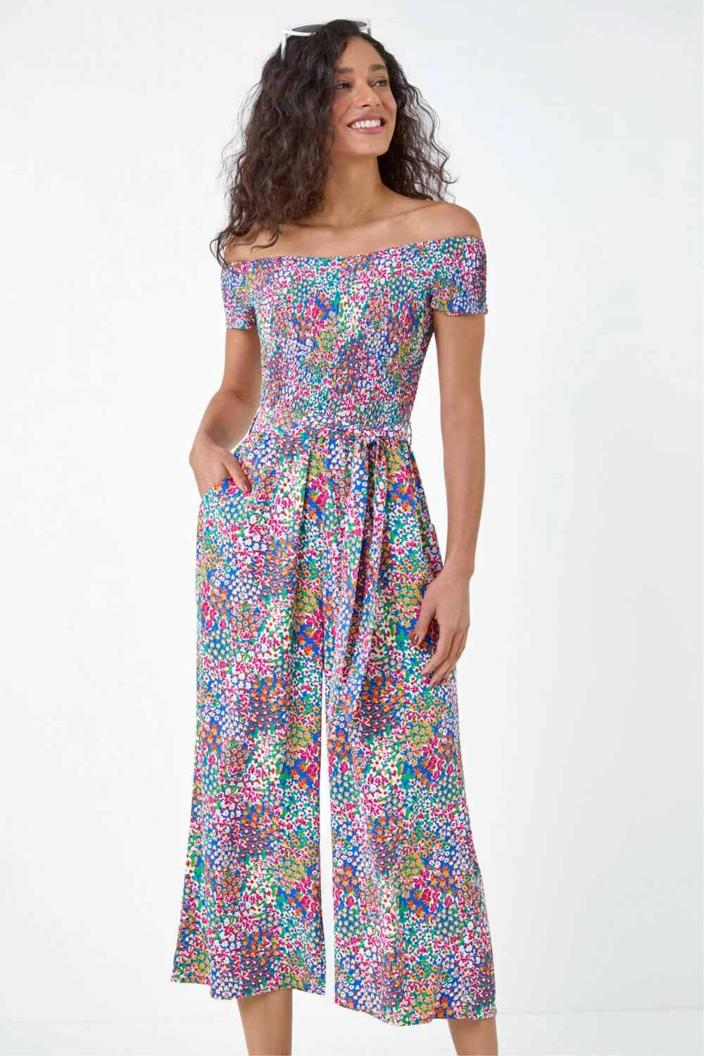 Dusk Blue Floral Shirred Stretch Bardot Jumpsuit - 12 Image 4