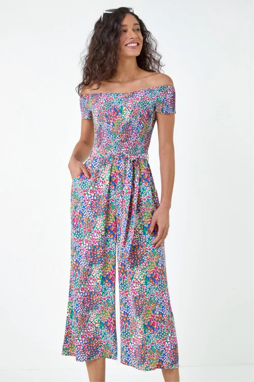 Dusk Blue Floral Shirred Stretch Bardot Jumpsuit - 12 Image 4