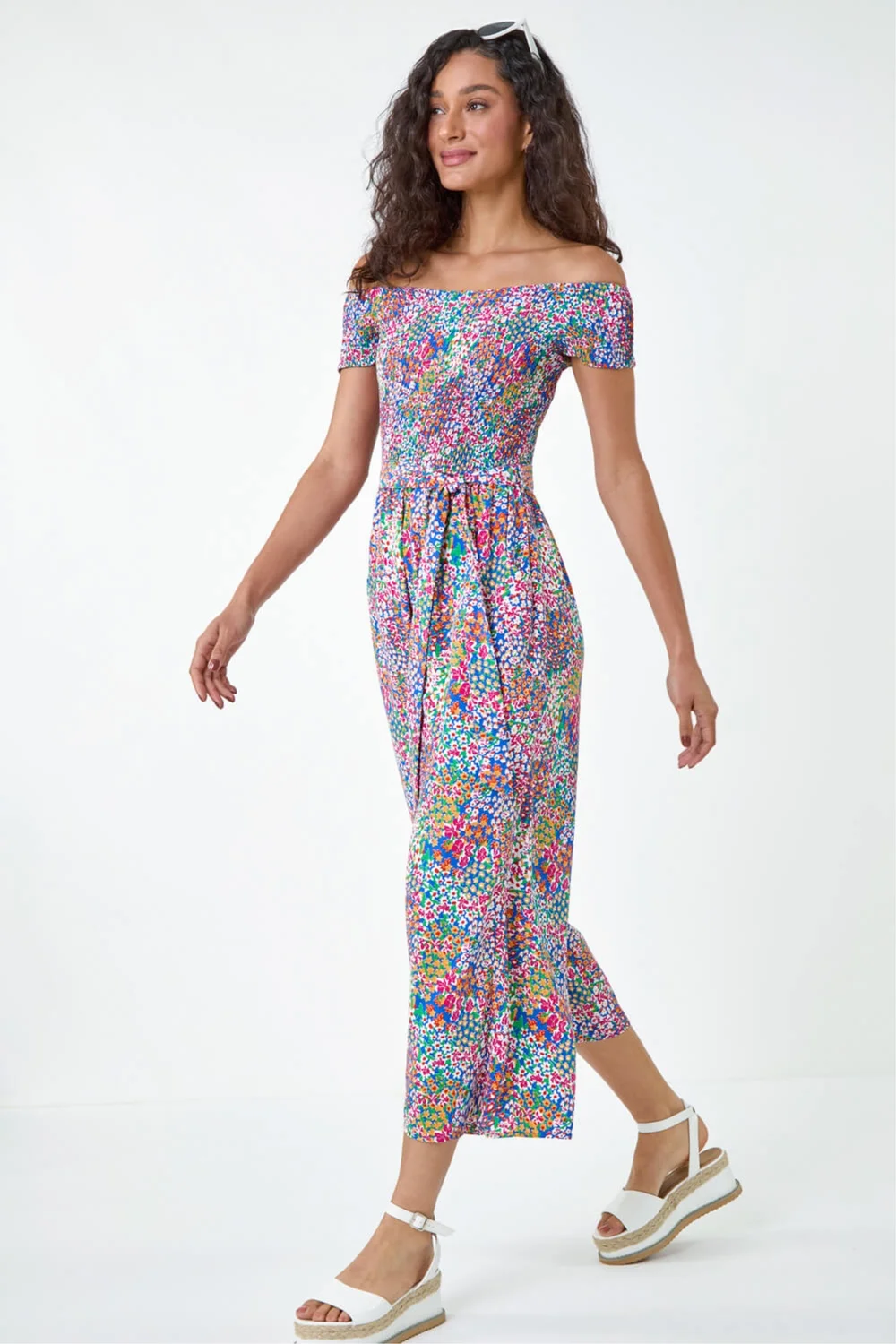Dusk Blue Floral Shirred Stretch Bardot Jumpsuit - 12 Image 2