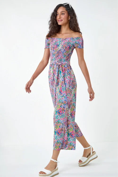 Dusk Blue Floral Shirred Stretch Bardot Jumpsuit - 12 Image 2