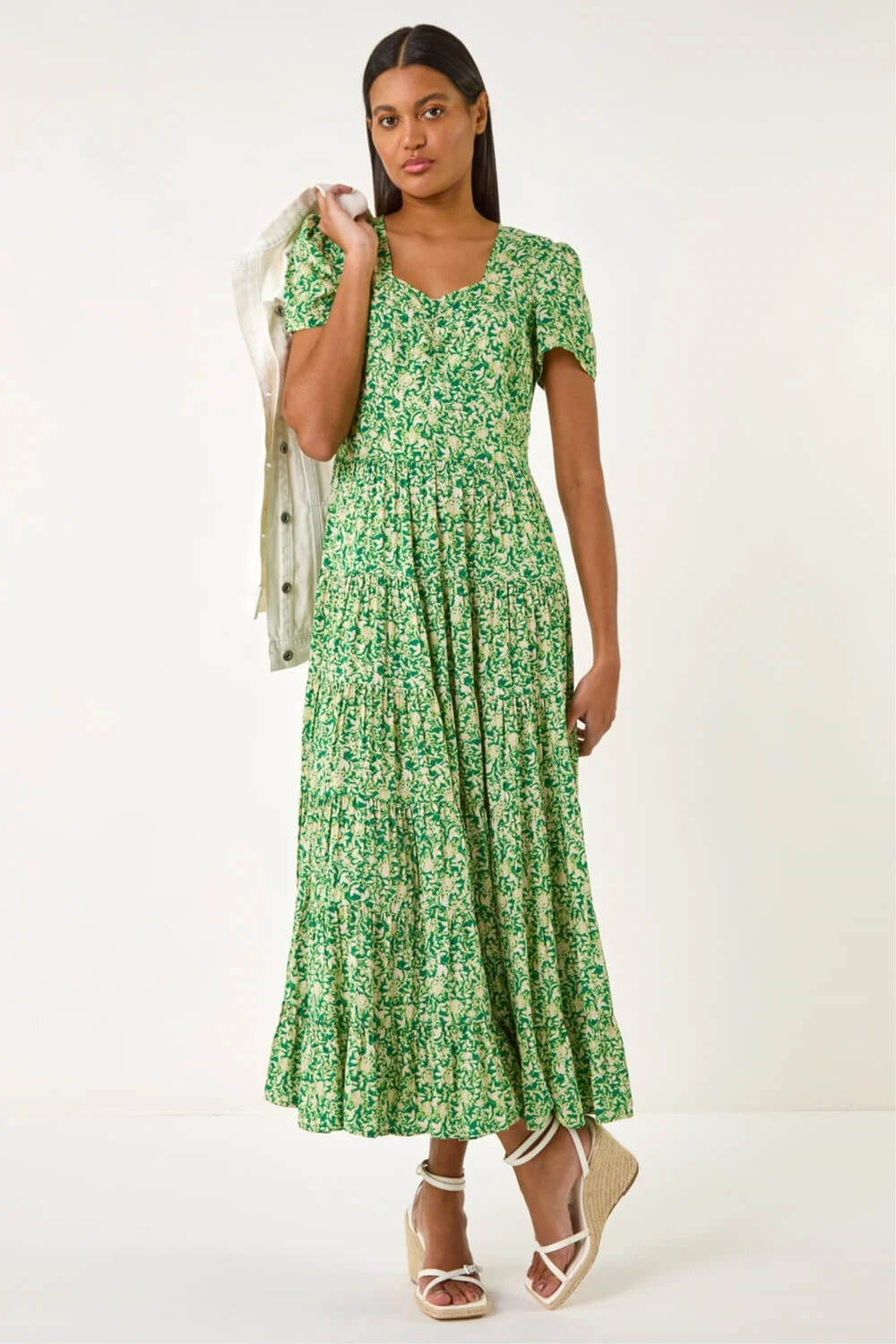 Roman Green Floral Print Ruched Sleeve Midi Dress - 10 Image 2