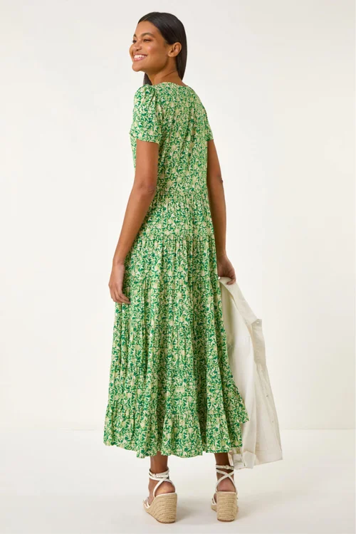 Roman Green Floral Print Ruched Sleeve Midi Dress - 10 Image 3