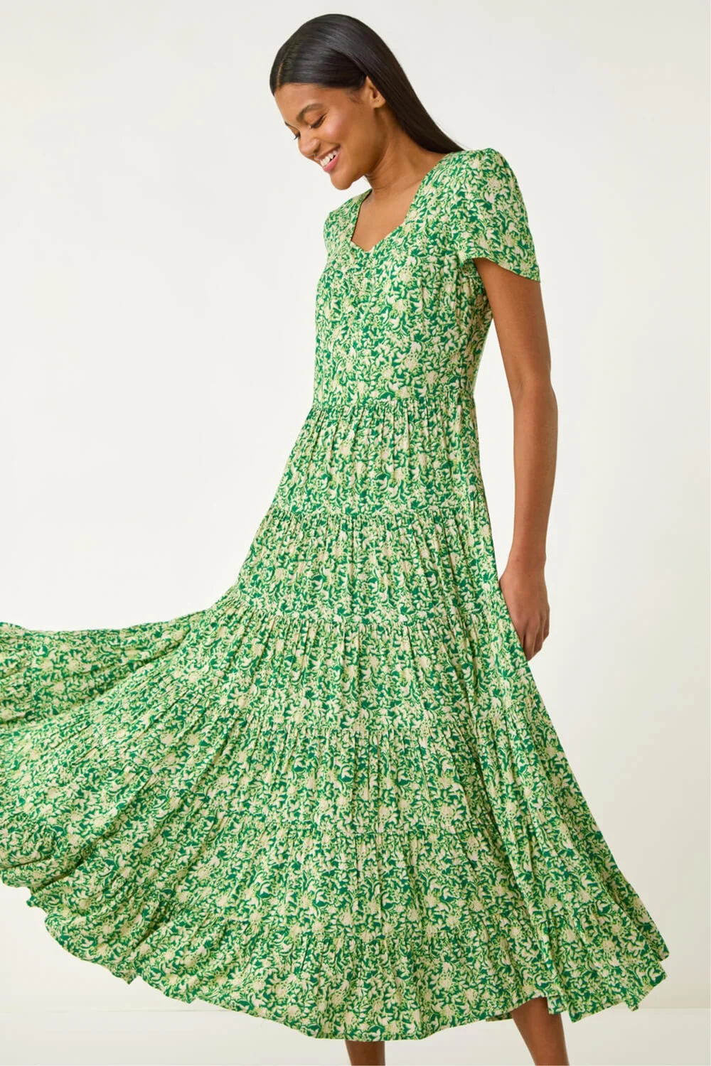 Roman Green Floral Print Ruched Sleeve Midi Dress - 10 Image 1