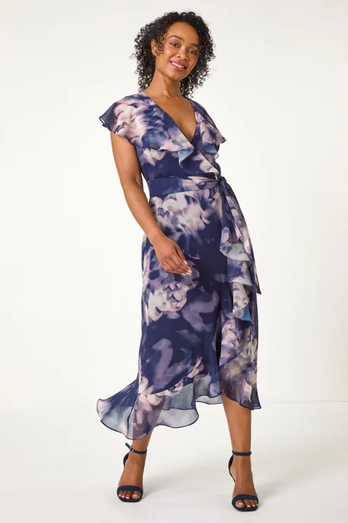 Roman Navy Petite Floral Print Frill Midi Dress - 16 Image 1