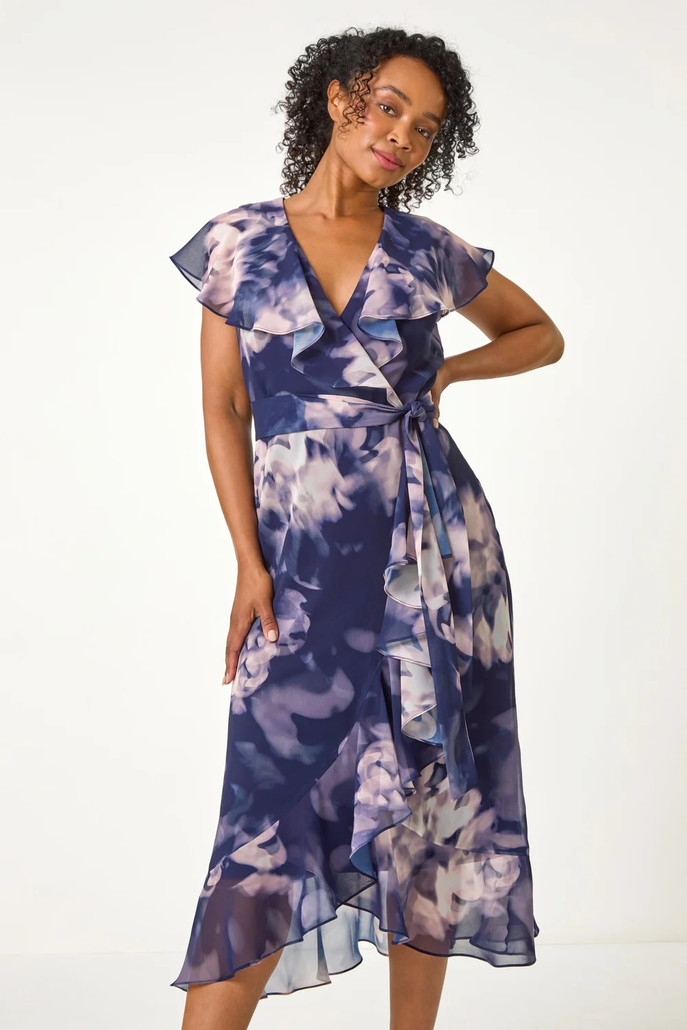 Roman Navy Petite Floral Print Frill Midi Dress - 16 Image 2