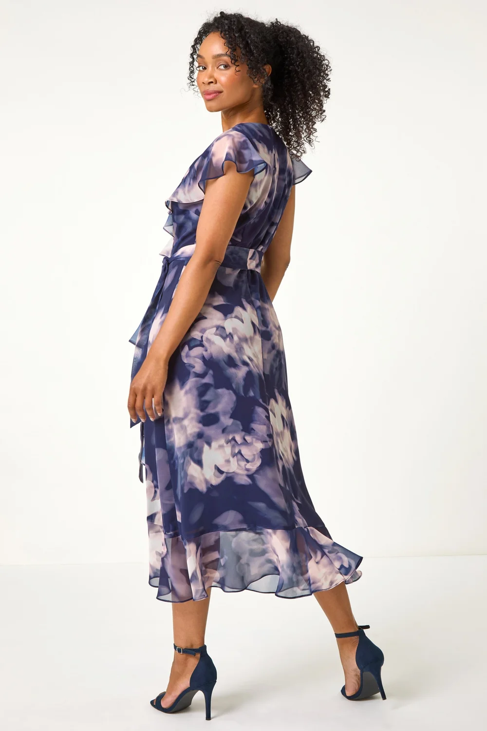Roman Navy Petite Floral Print Frill Midi Dress - 16 Image 3