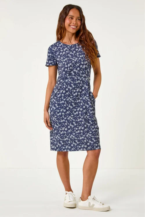 Roman Navy Petite Ditsy Floral Pocket Stretch Dress - 10 Image 1