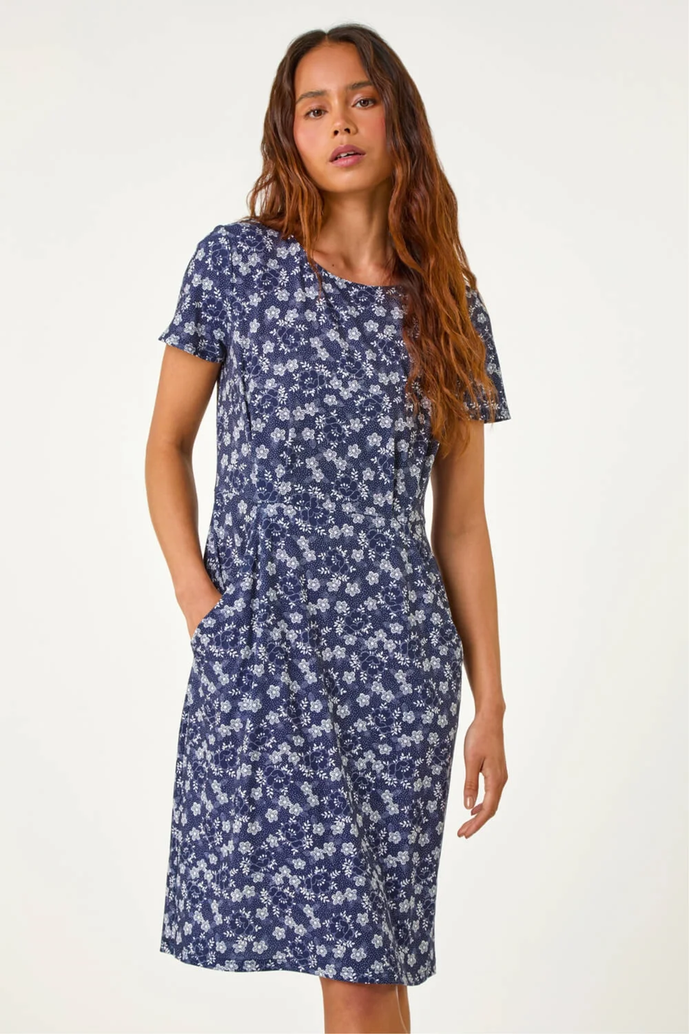 Roman Navy Petite Ditsy Floral Pocket Stretch Dress - 10 Image 2