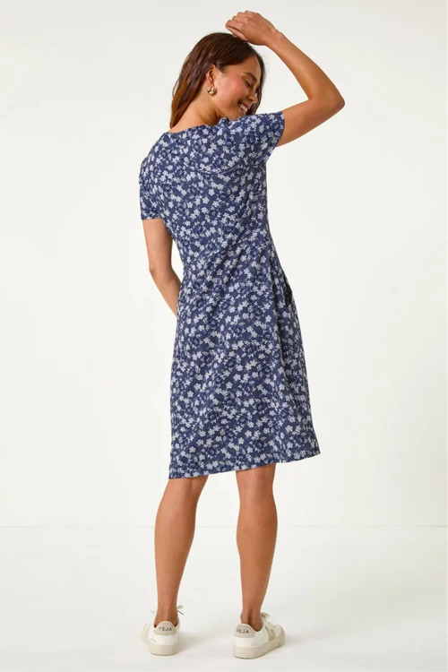 Roman Navy Petite Ditsy Floral Pocket Stretch Dress - 10 Image 3