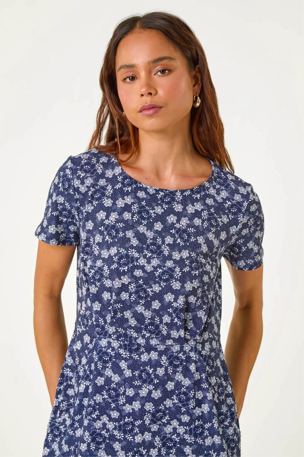 Roman Navy Petite Ditsy Floral Pocket Stretch Dress - 10 Image 4