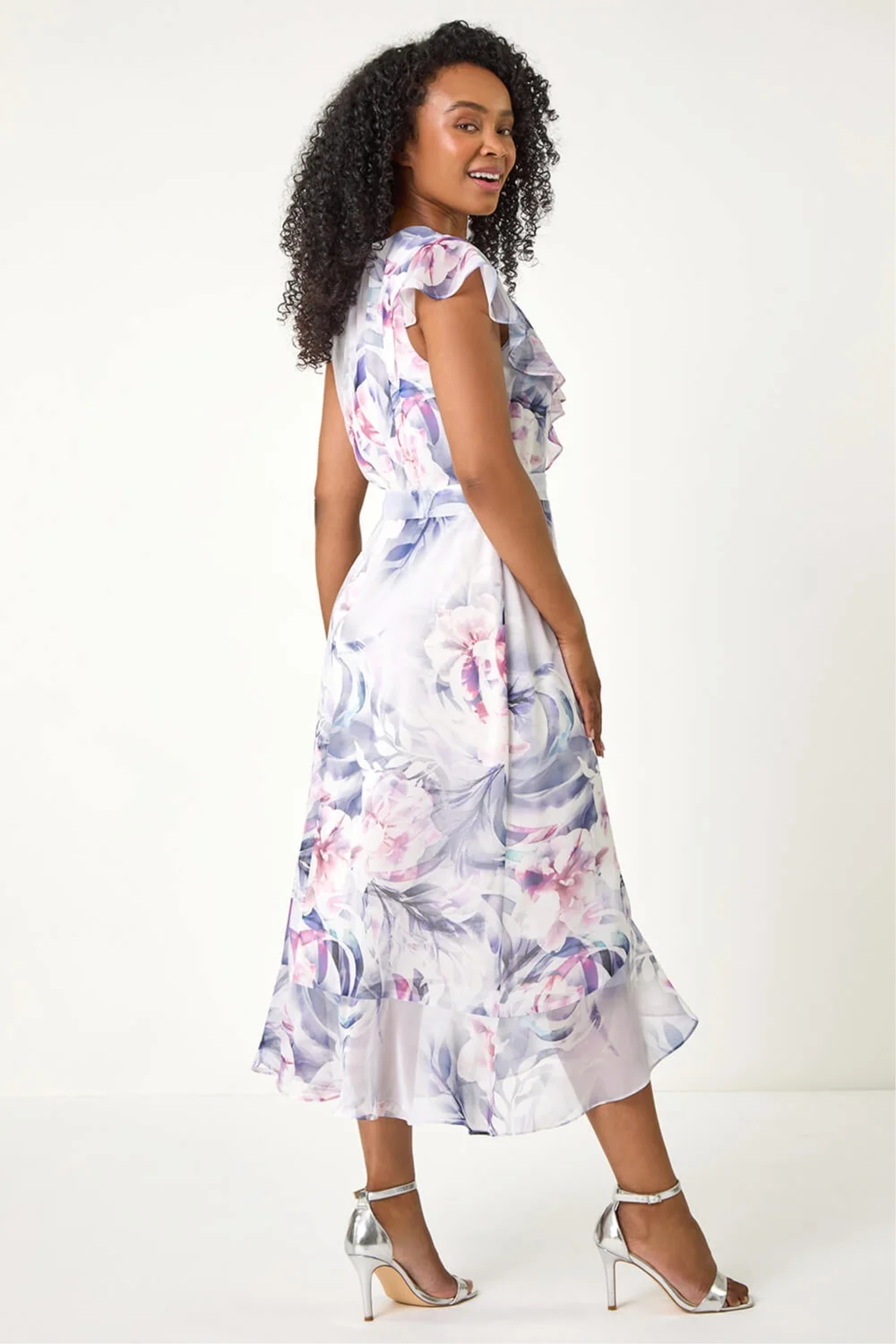 Roman Grey Petite Floral Print Wrap Frill Midi Dress - 12 Image 3