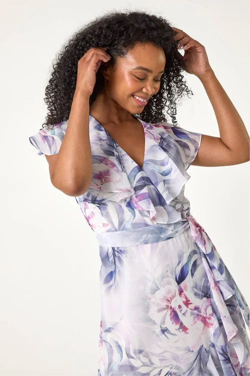 Roman Grey Petite Floral Print Wrap Frill Midi Dress - 12 Image 4