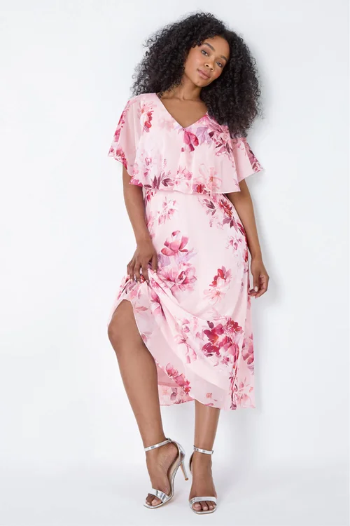 Roman Light Pink Petite Floral Cape Chiffon Midi Dress - 16 Image 2