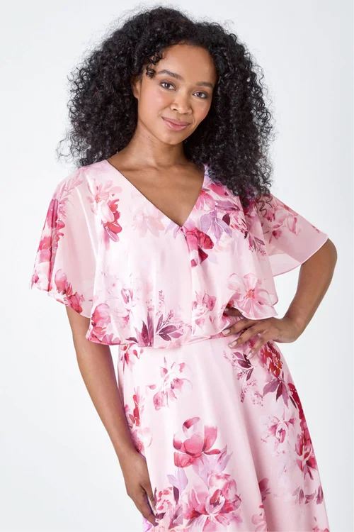 Roman Light Pink Petite Floral Cape Chiffon Midi Dress - 16 Image 4