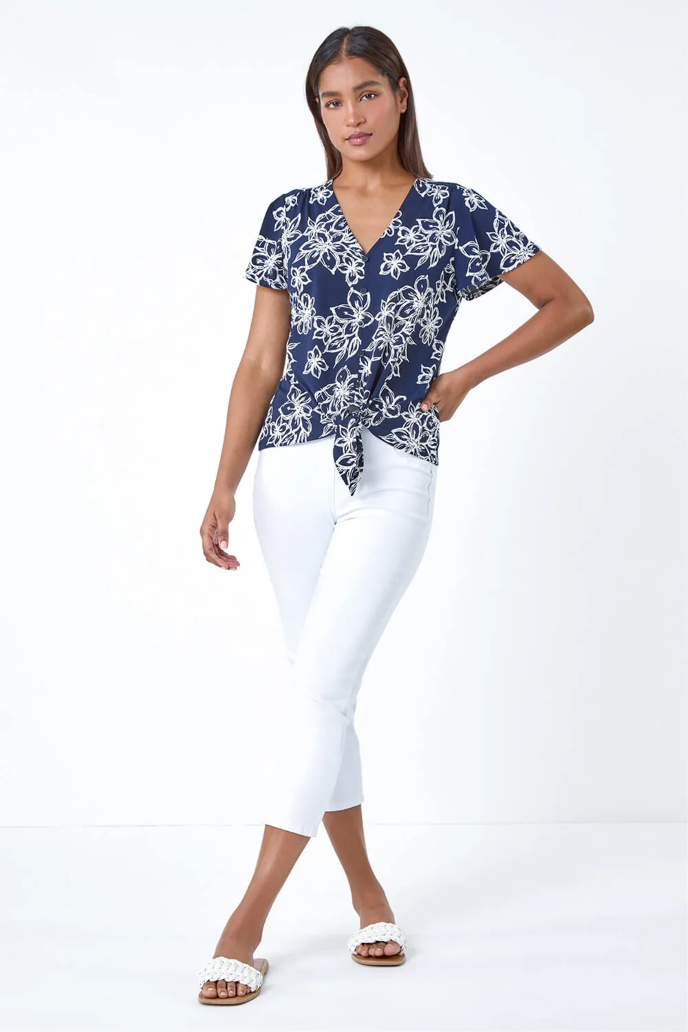 Roman Navy Textured Floral Print Tie Front Top - 18 Image 2