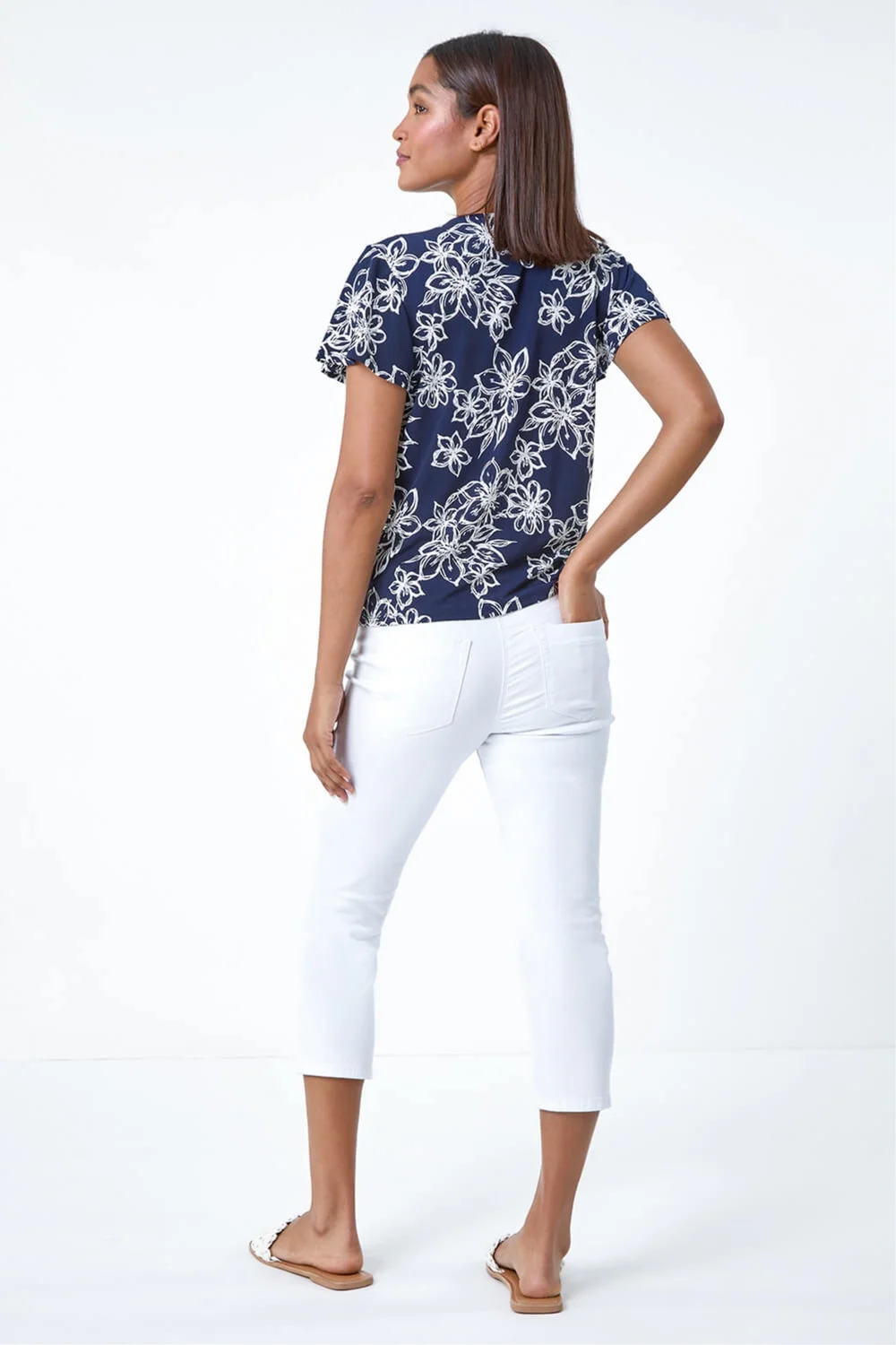 Roman Navy Textured Floral Print Tie Front Top - 18 Image 3