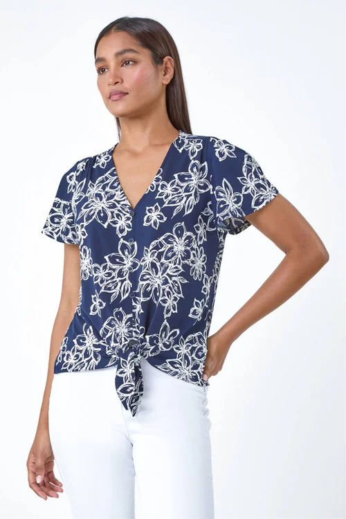 Roman Navy Textured Floral Print Tie Front Top - 18 Image 1