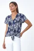 Roman Navy Textured Floral Print Tie Front Top - 18 Image 1
