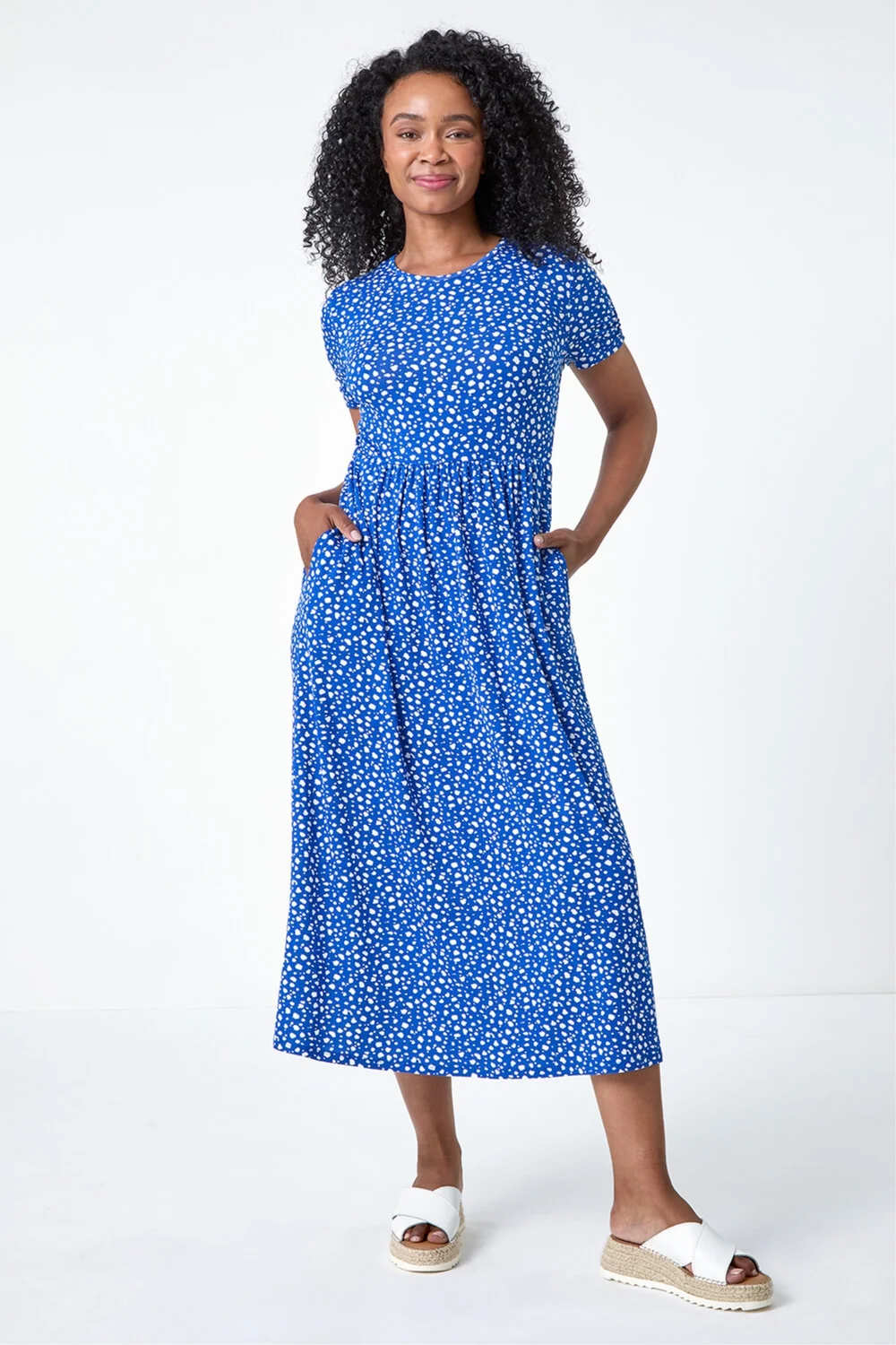 Roman Royal Blue Petite Spot Print Stretch Midi Dress - 14 Image 2
