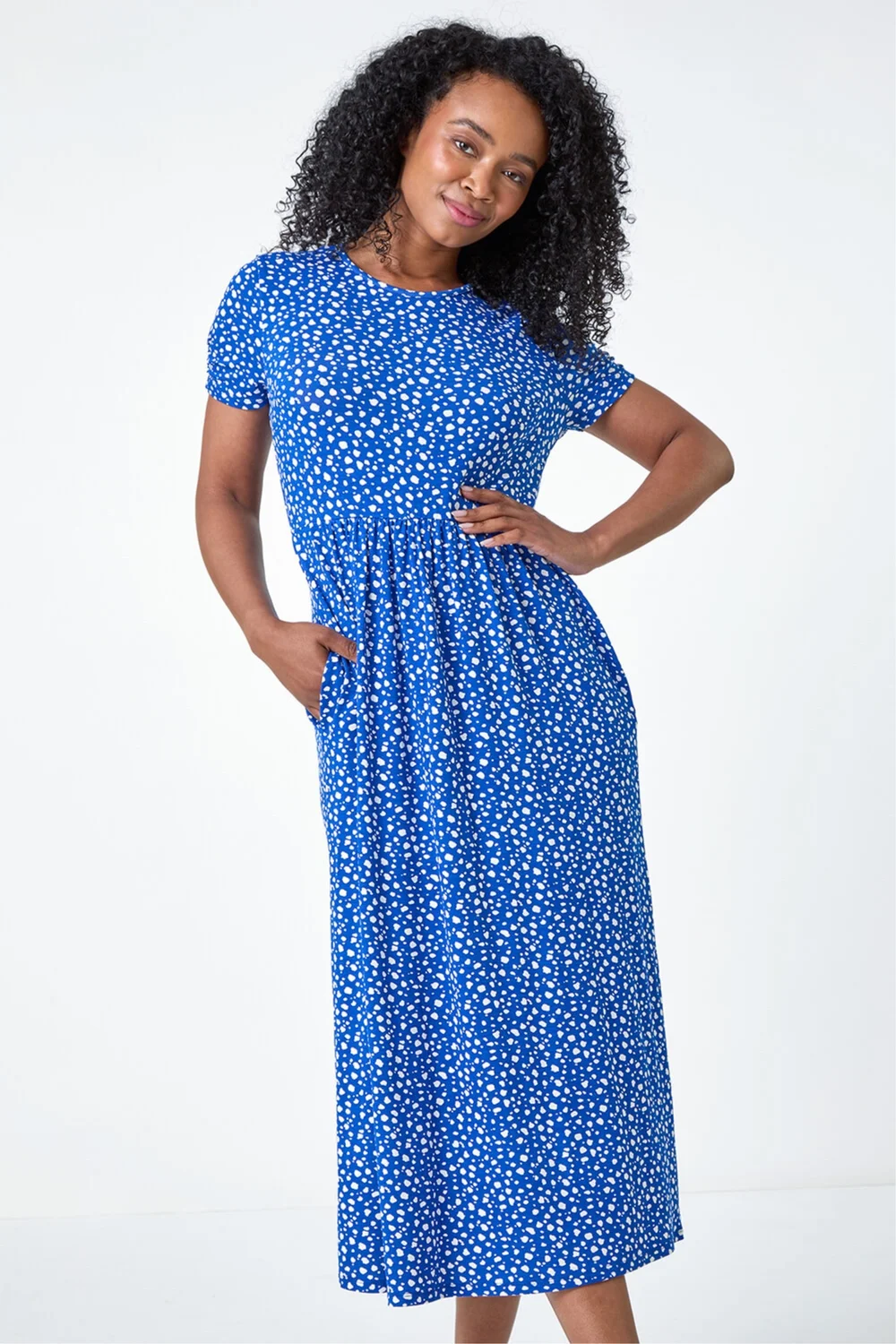 Roman Royal Blue Petite Spot Print Stretch Midi Dress - 14 Image 1