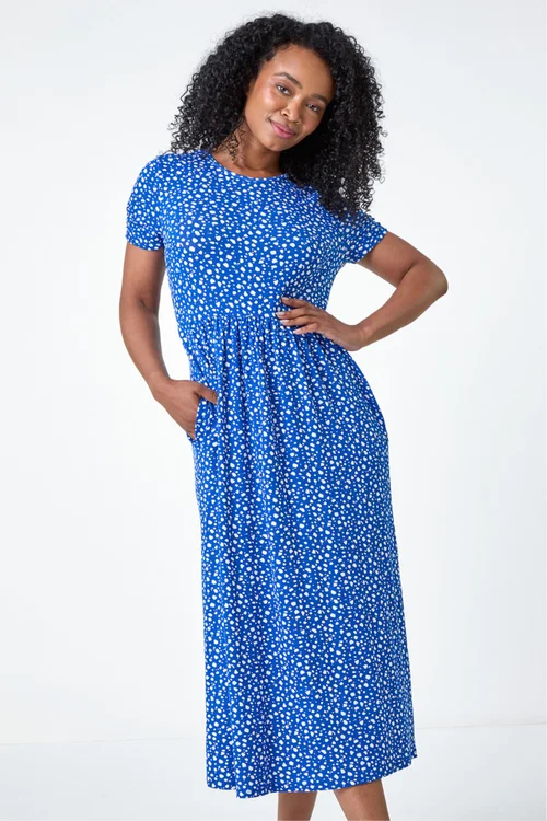 Roman Royal Blue Petite Spot Print Stretch Midi Dress - 14 Image 1