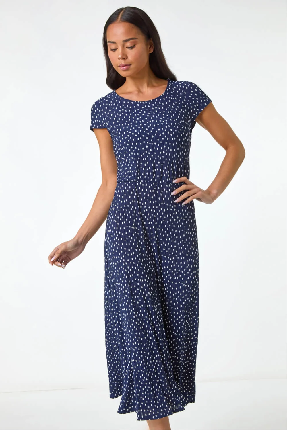 Roman Navy Petite Spot Print Crinkle Midi Dress - 12 Image 2