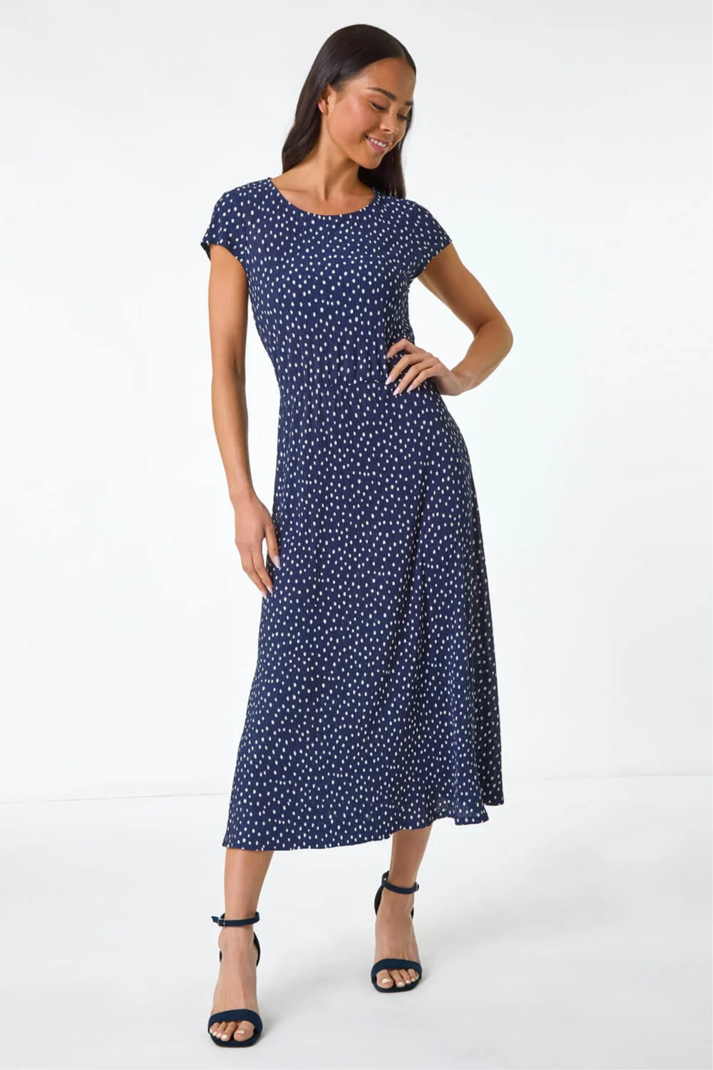 Roman Navy Petite Spot Print Crinkle Midi Dress - 12 Image 1