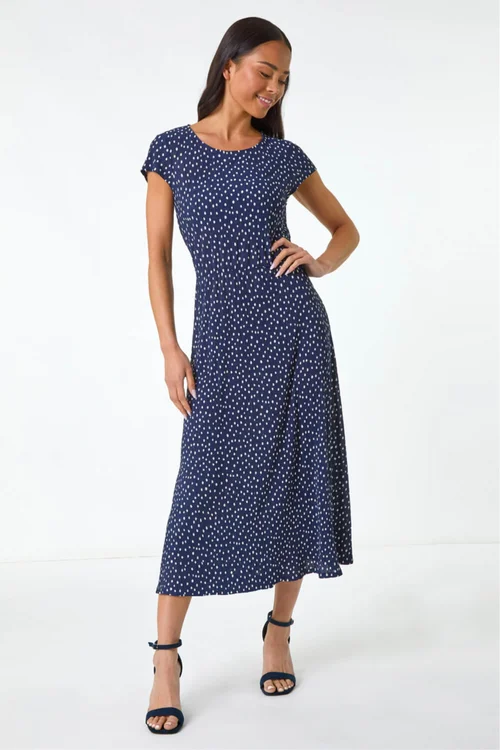 Roman Navy Petite Spot Print Crinkle Midi Dress - 12 Image 1