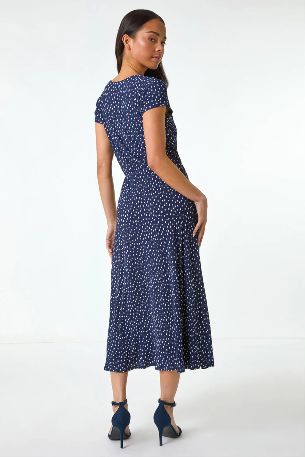 Roman Navy Petite Spot Print Crinkle Midi Dress - 12 Image 3