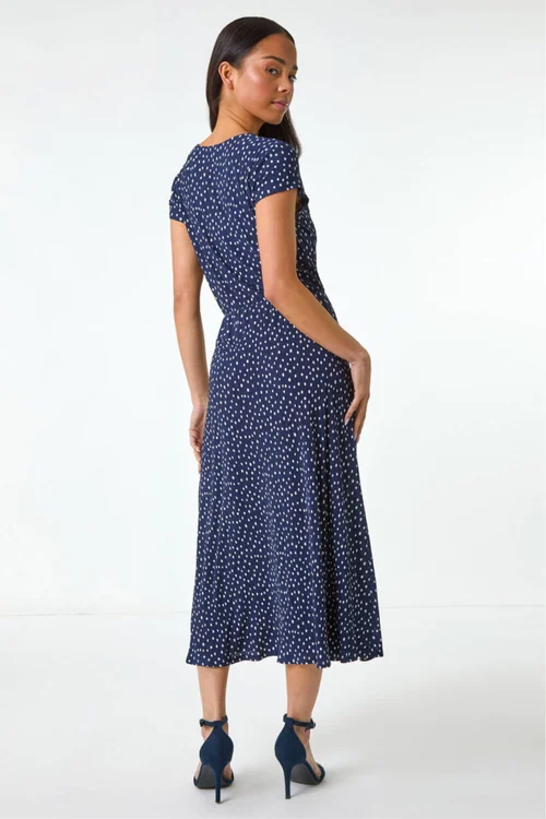Roman Navy Petite Spot Print Crinkle Midi Dress - 12 Image 3