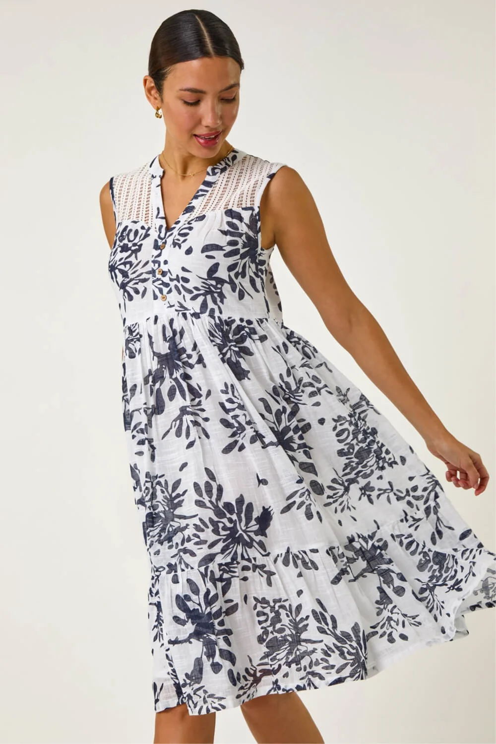 Roman Navy Floral Print Lace Detail Smock Dress - 14 Image 2