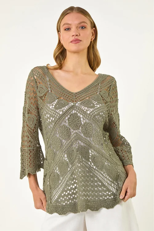 Roman Khaki Crochet Lace V-Neck Open Knit - 10 Image 4