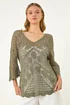 Roman Khaki Crochet Lace V-Neck Open Knit - 10 Image 4