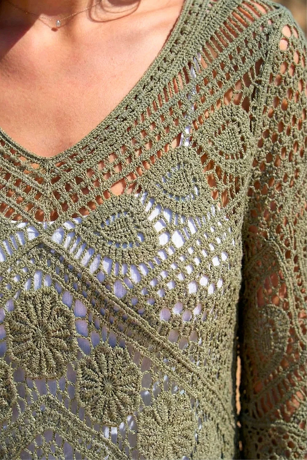 Roman Khaki Crochet Lace V-Neck Open Knit - 10 Image 4