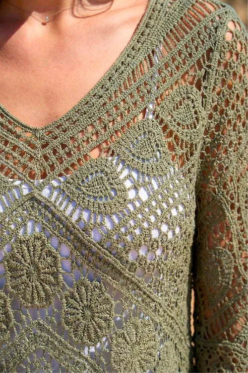 Roman Khaki Crochet Lace V-Neck Open Knit - 10 Image 4