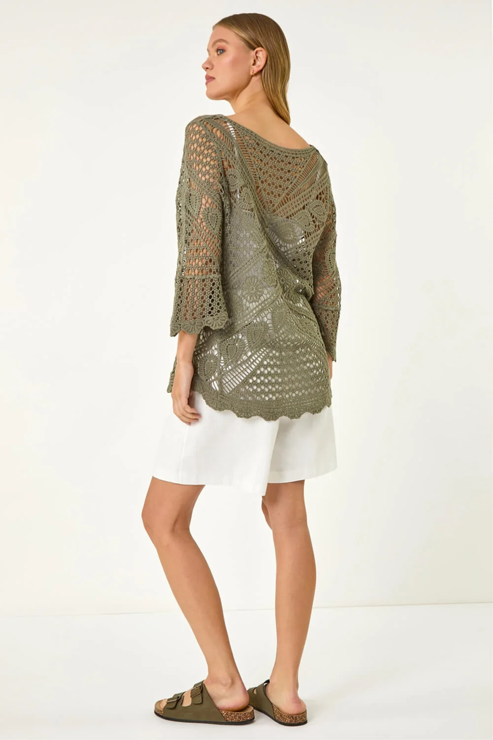 Roman Khaki Crochet Lace V-Neck Open Knit - 10 Image 3