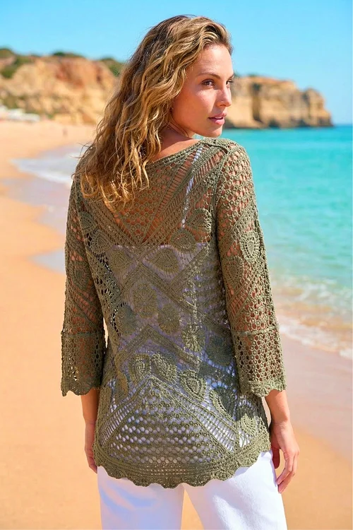 Roman Khaki Crochet Lace V-Neck Open Knit - 10 Image 1